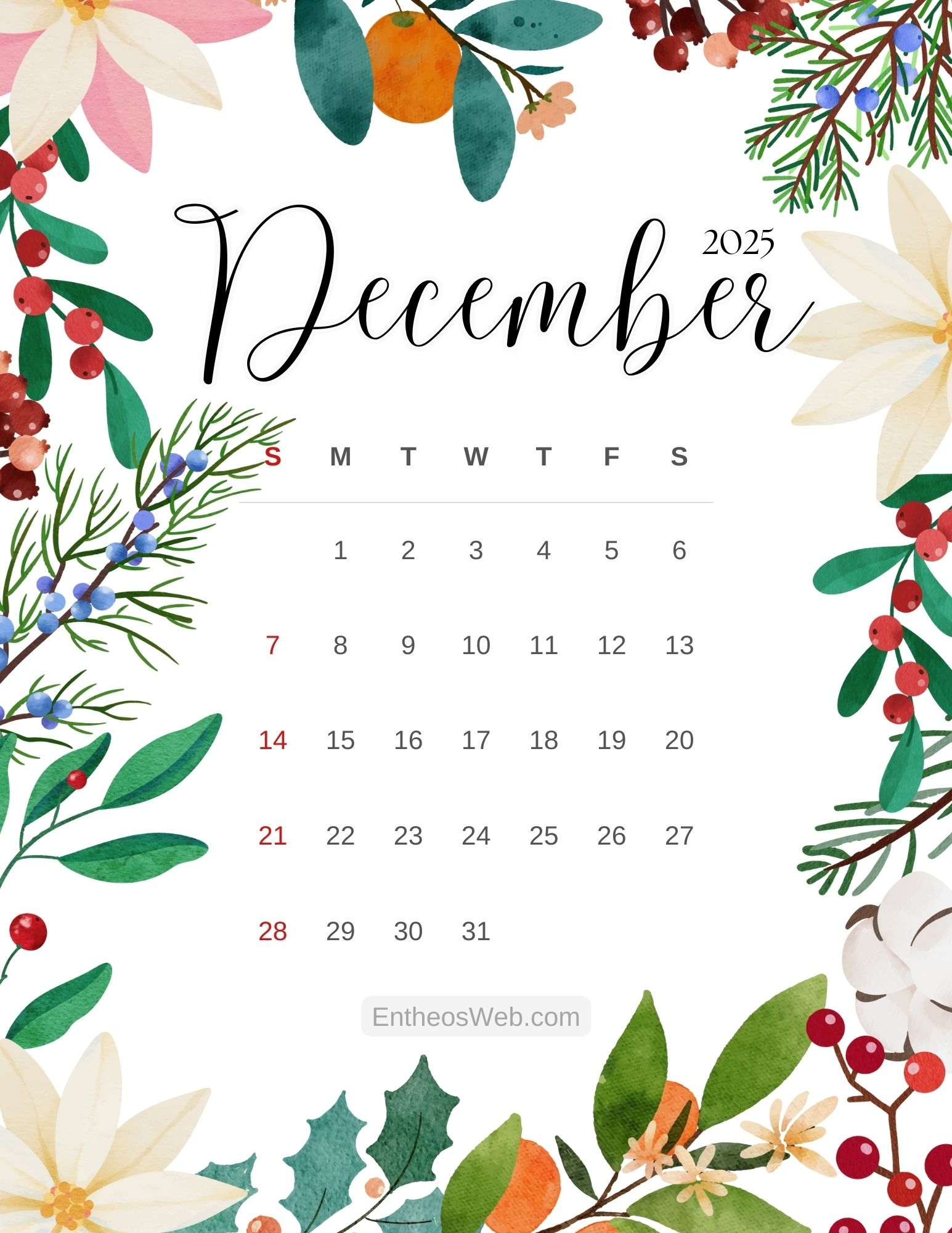 December Calendar Printable Large Write