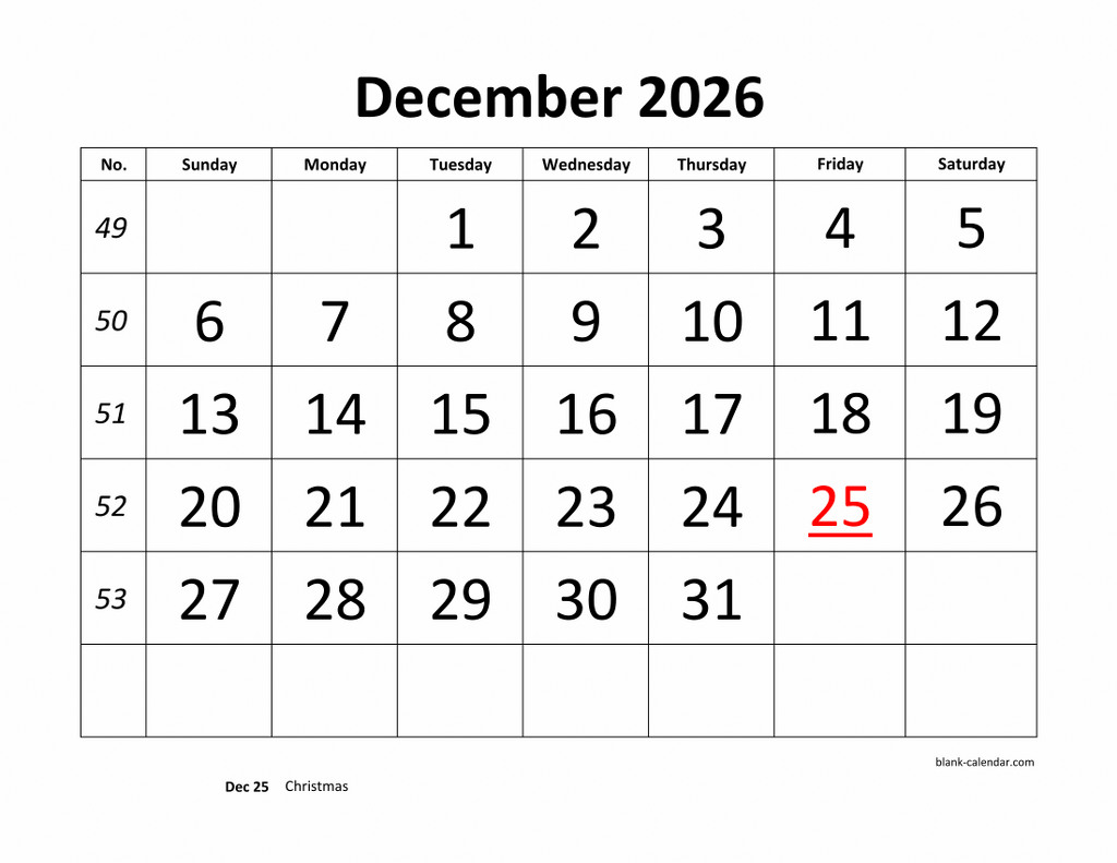 Download Printable December 2026 Calendar