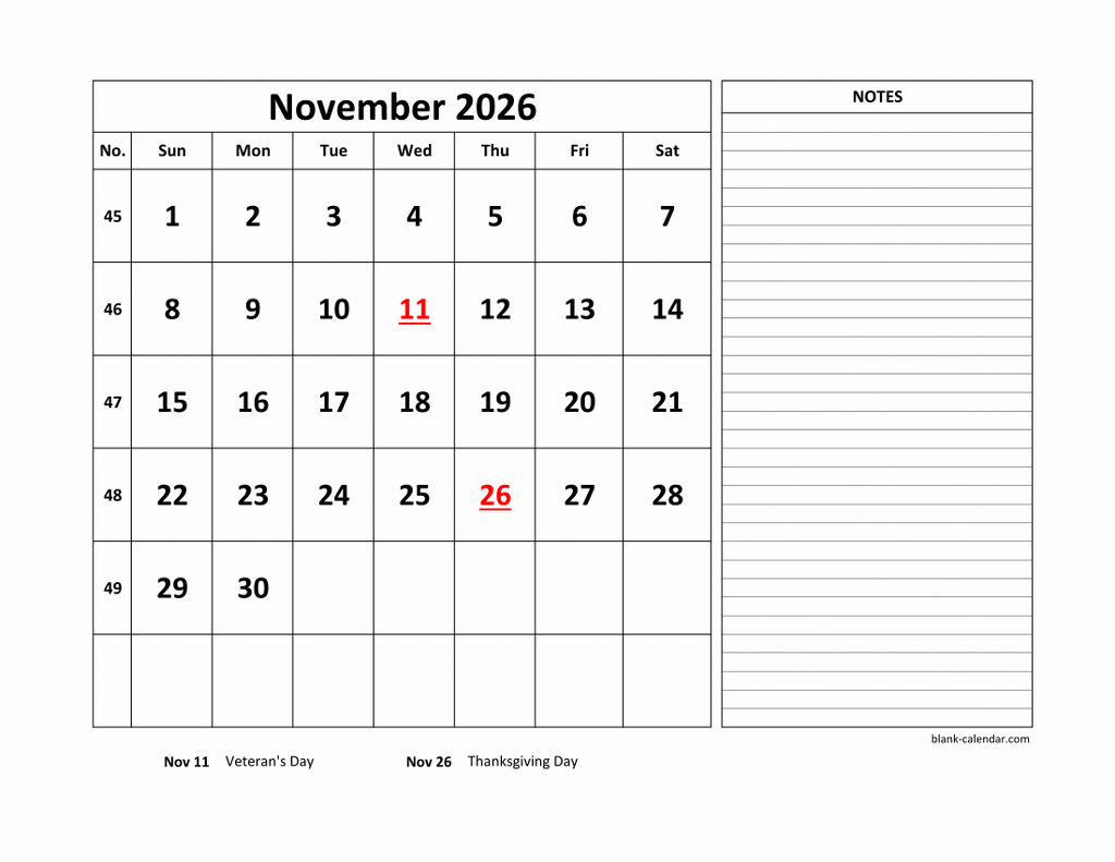 Free Download Printable November 2026 Calendar Large Space For 