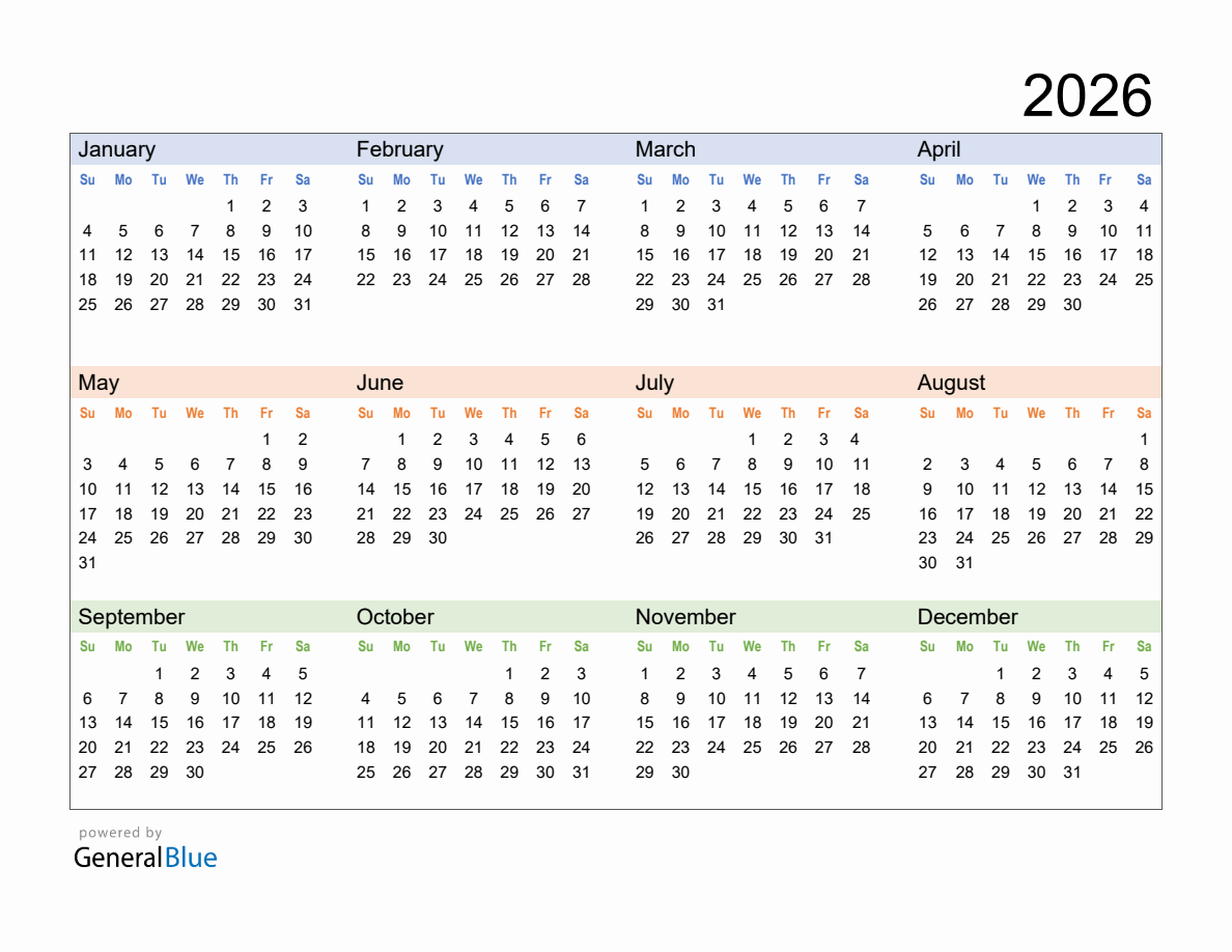 Free Downloadable 2026 Yearly Calendar Template