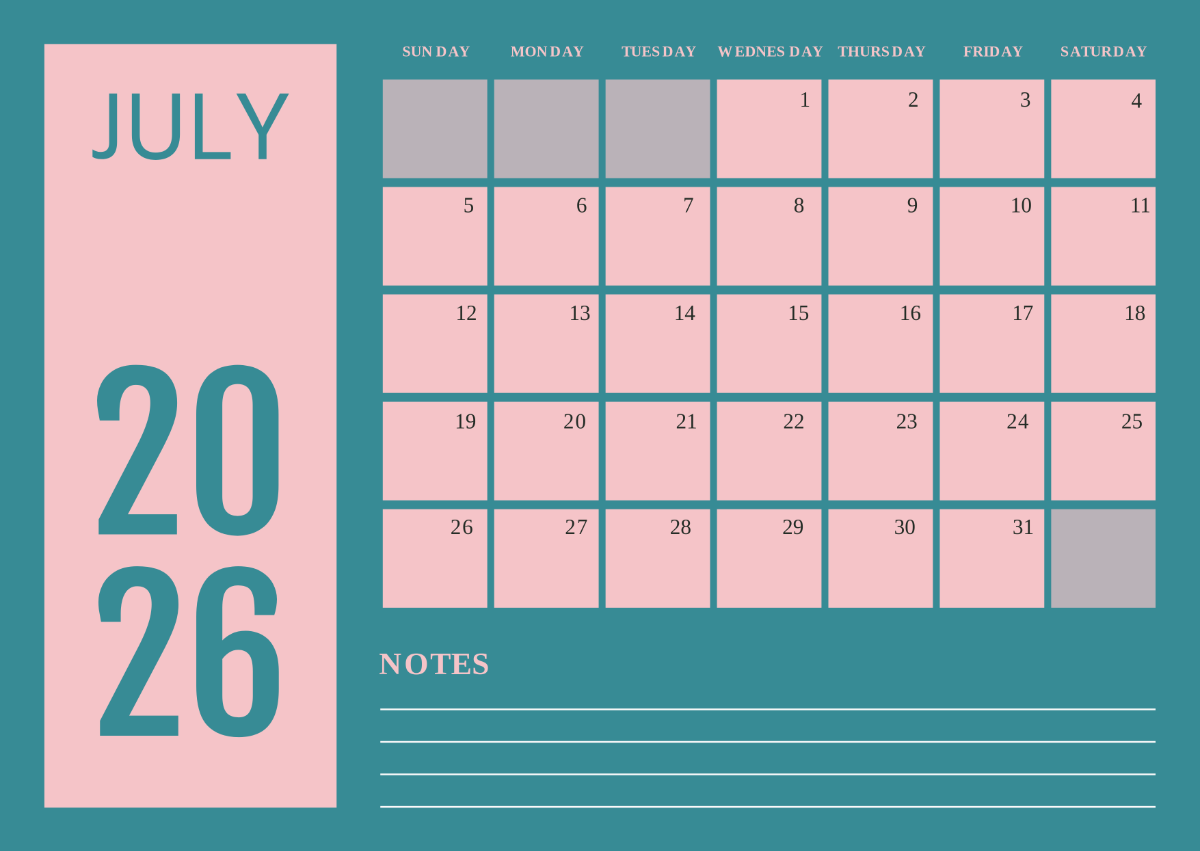 July 2026 Editable Calendar