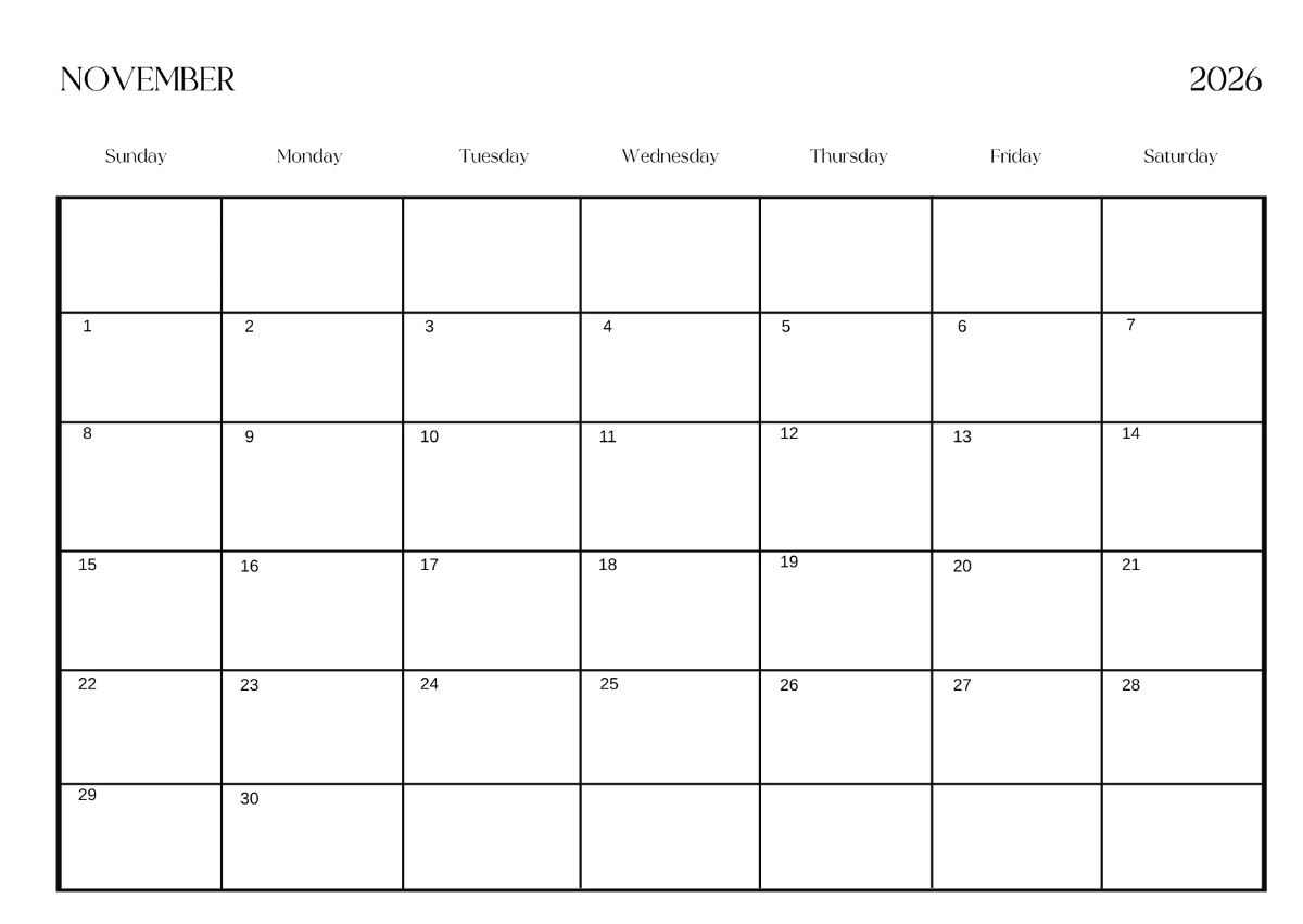 Free Editable November 2026 Calendar Template To Edit Online