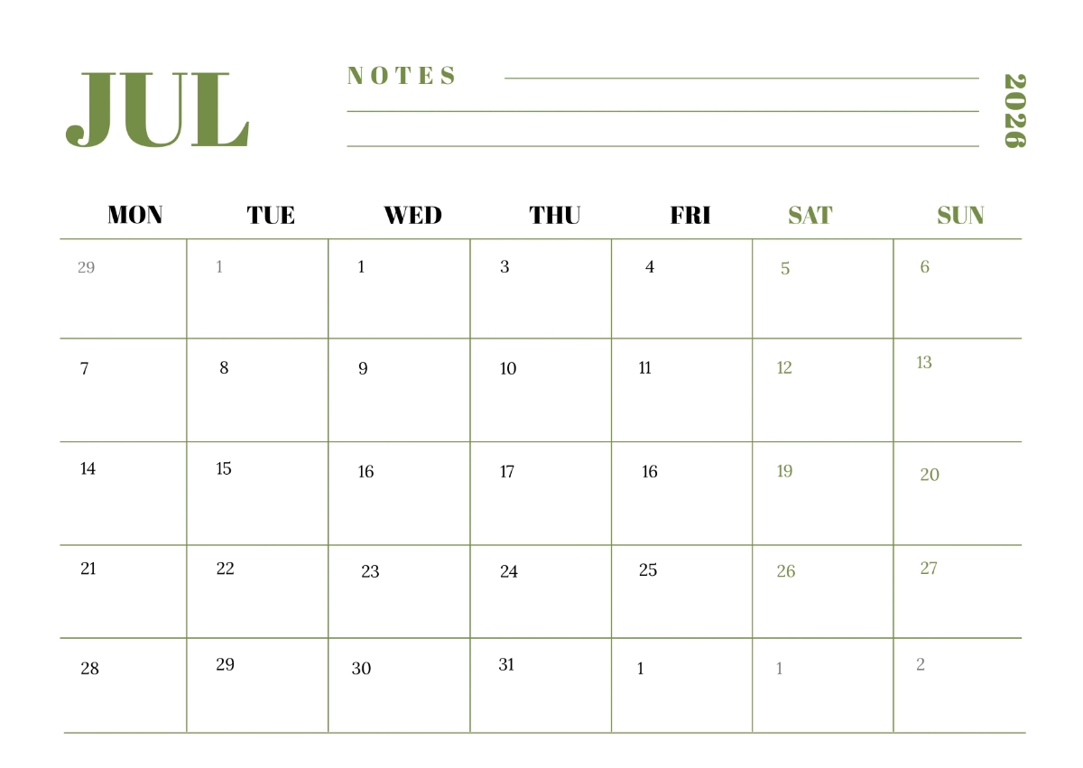 July 2026 Calendar Editable July 2026 Calendar Editable