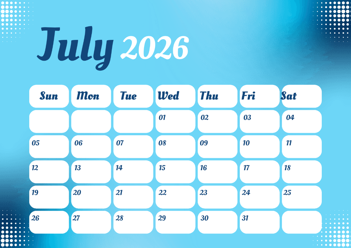 Editable July 2026 Calendar