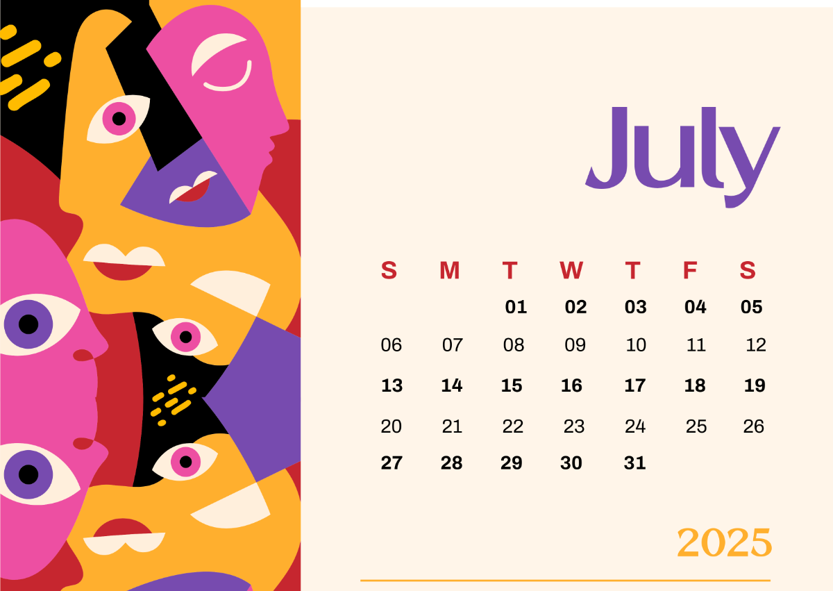 Free July 2025 Calendar Page Template To Edit Online