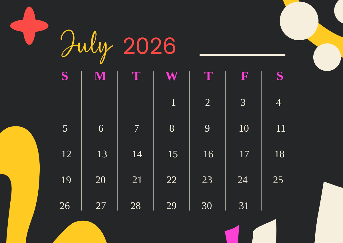 Free July 2026 Calendar Clipart Template To Edit Online