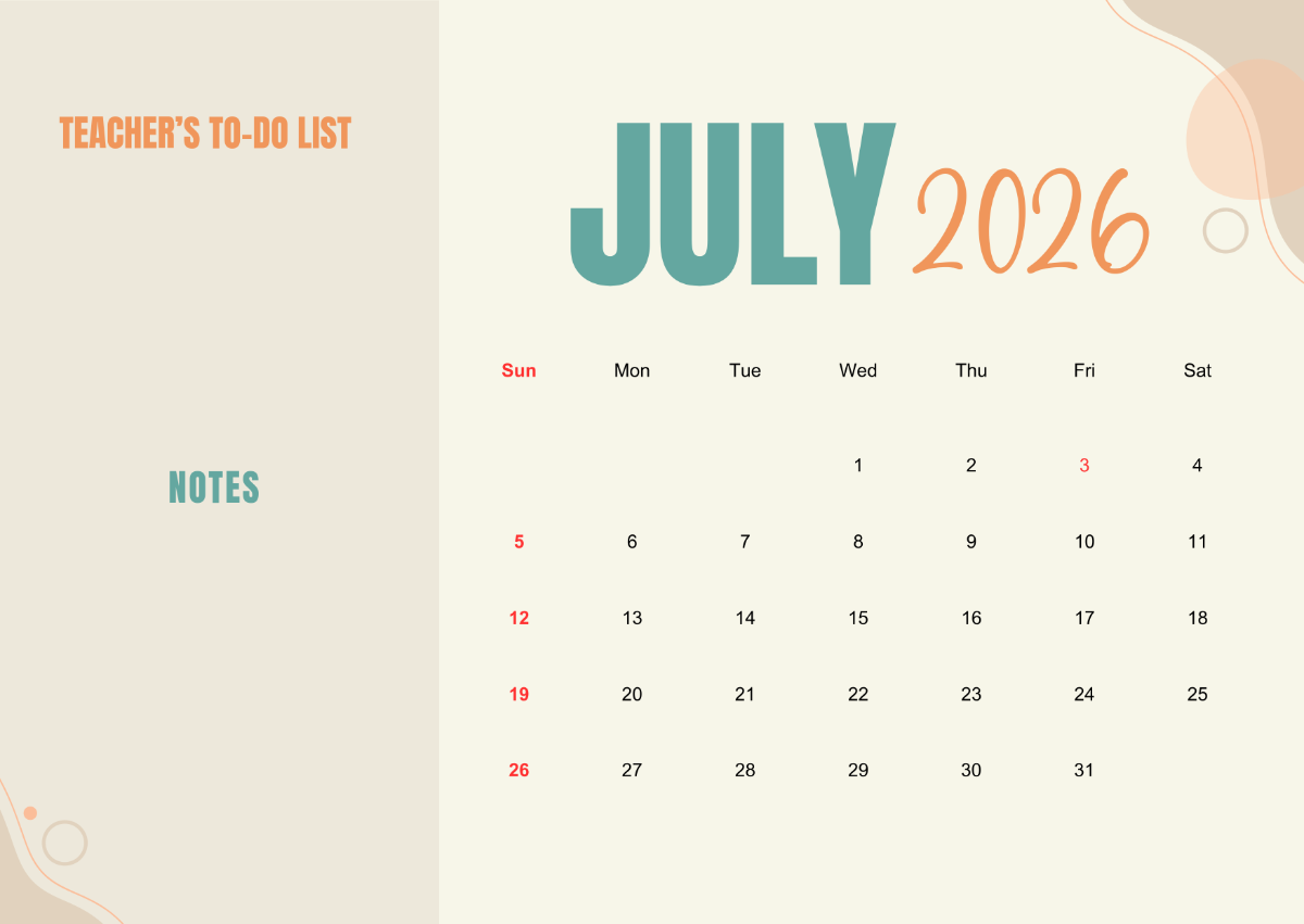 Free July 2026 Calendar For Teachers Template To Edit Online