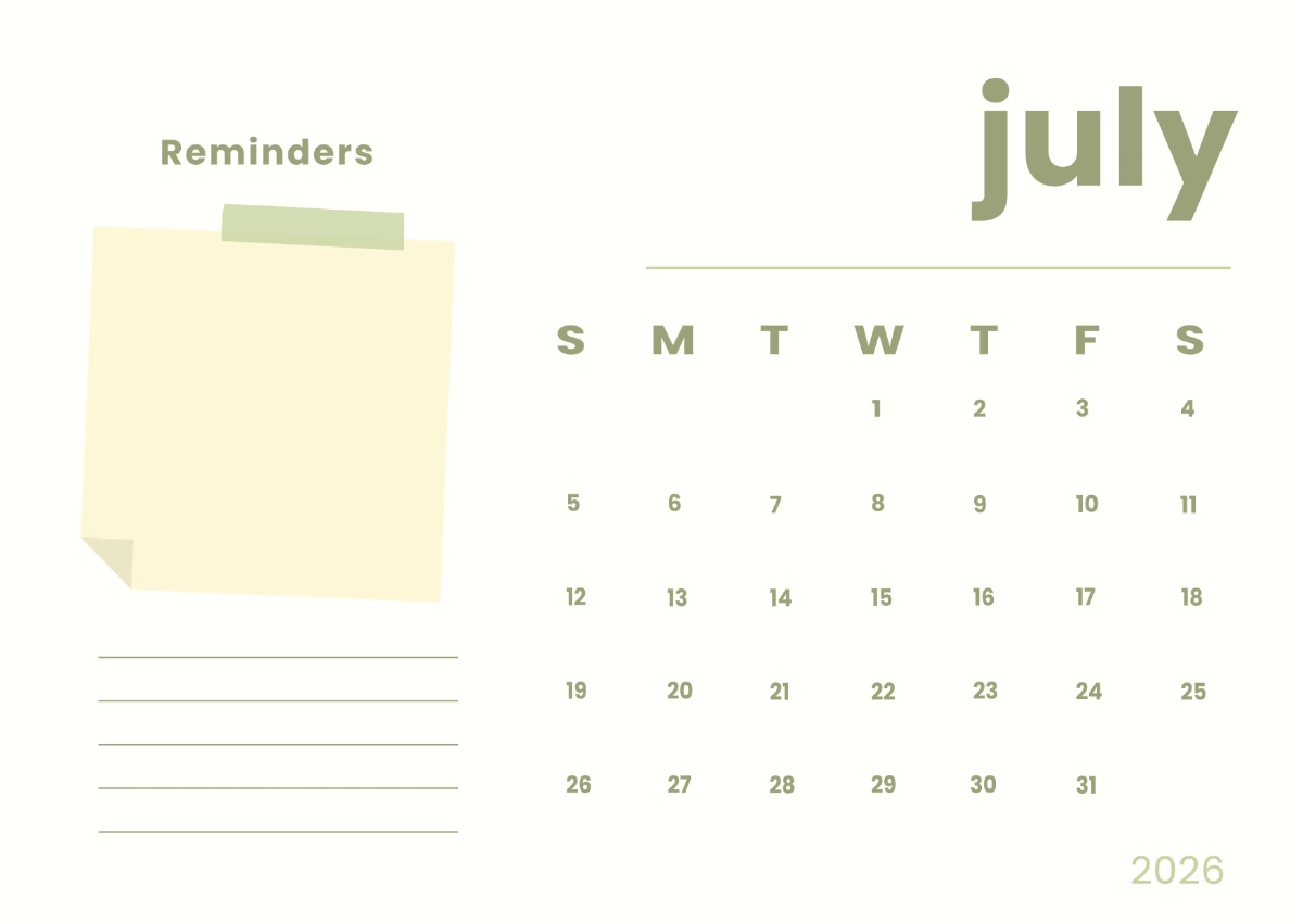 Free July 2026 Calendar With Reminders Template To Edit Online