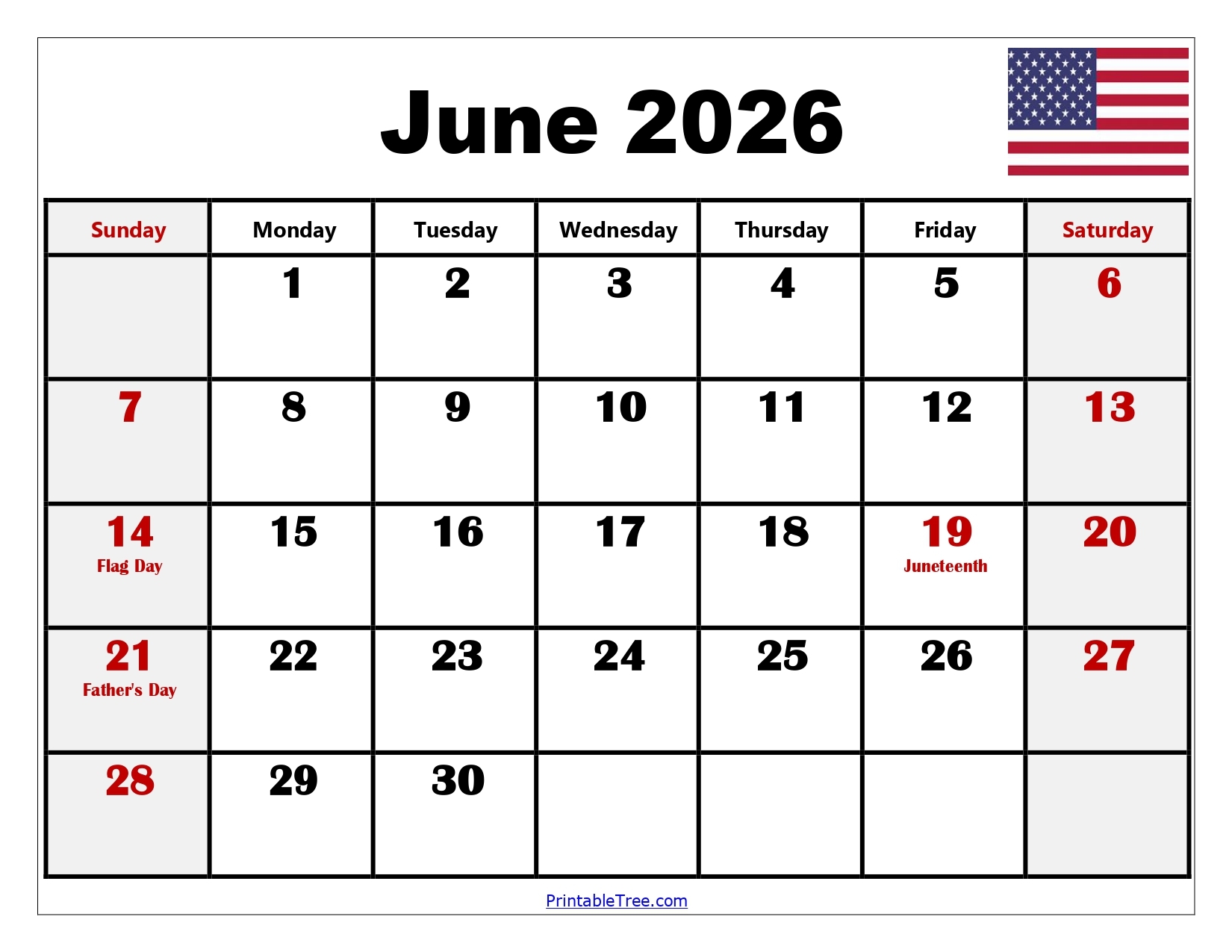 June 2026 Printable Calendar Pdf