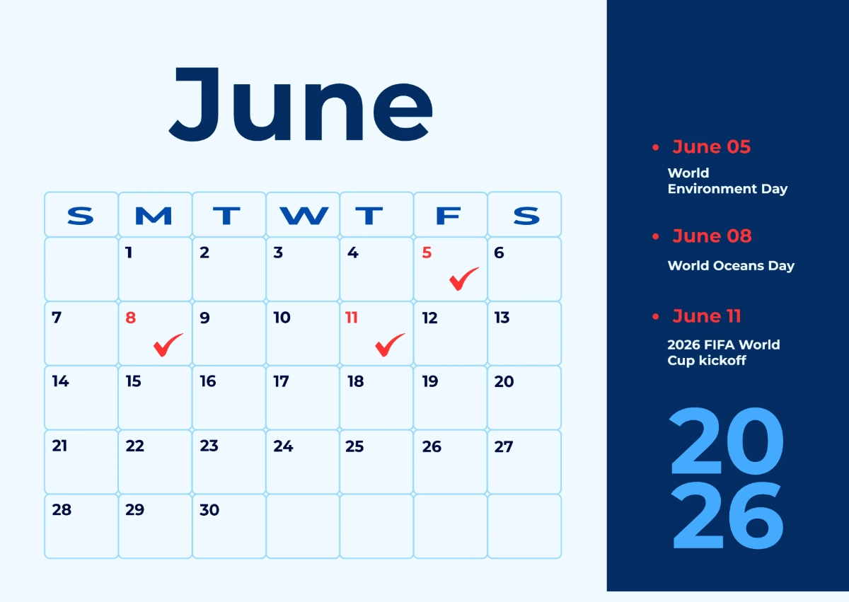 June Calendar 2026 Editable