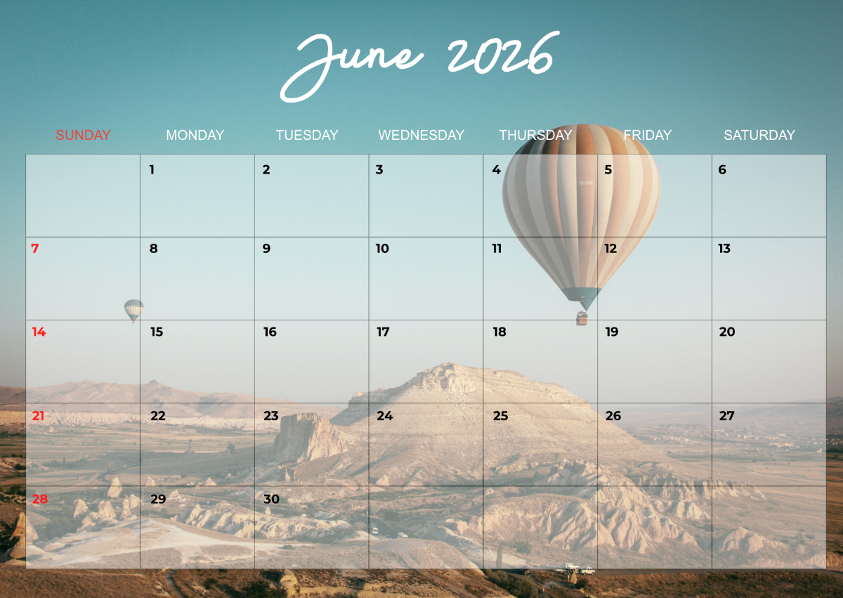 Free Landscape June 2026 Calendar Template To Edit Online