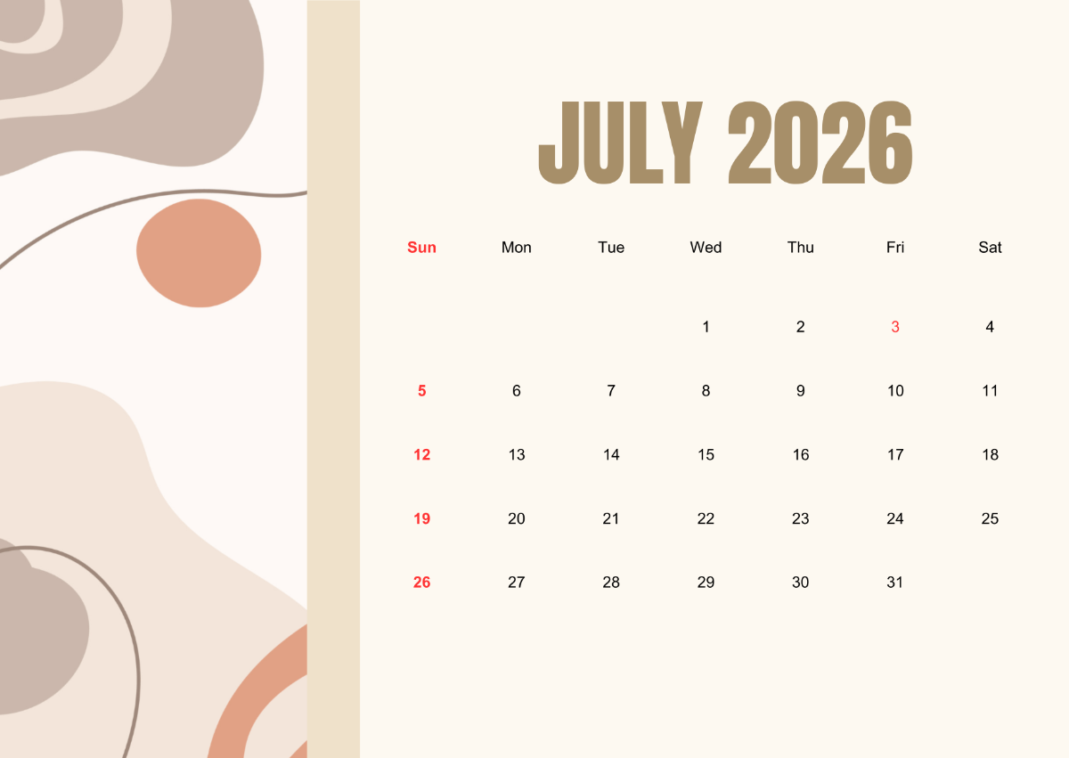 Free Modern July 2026 Calendar Template To Edit Online