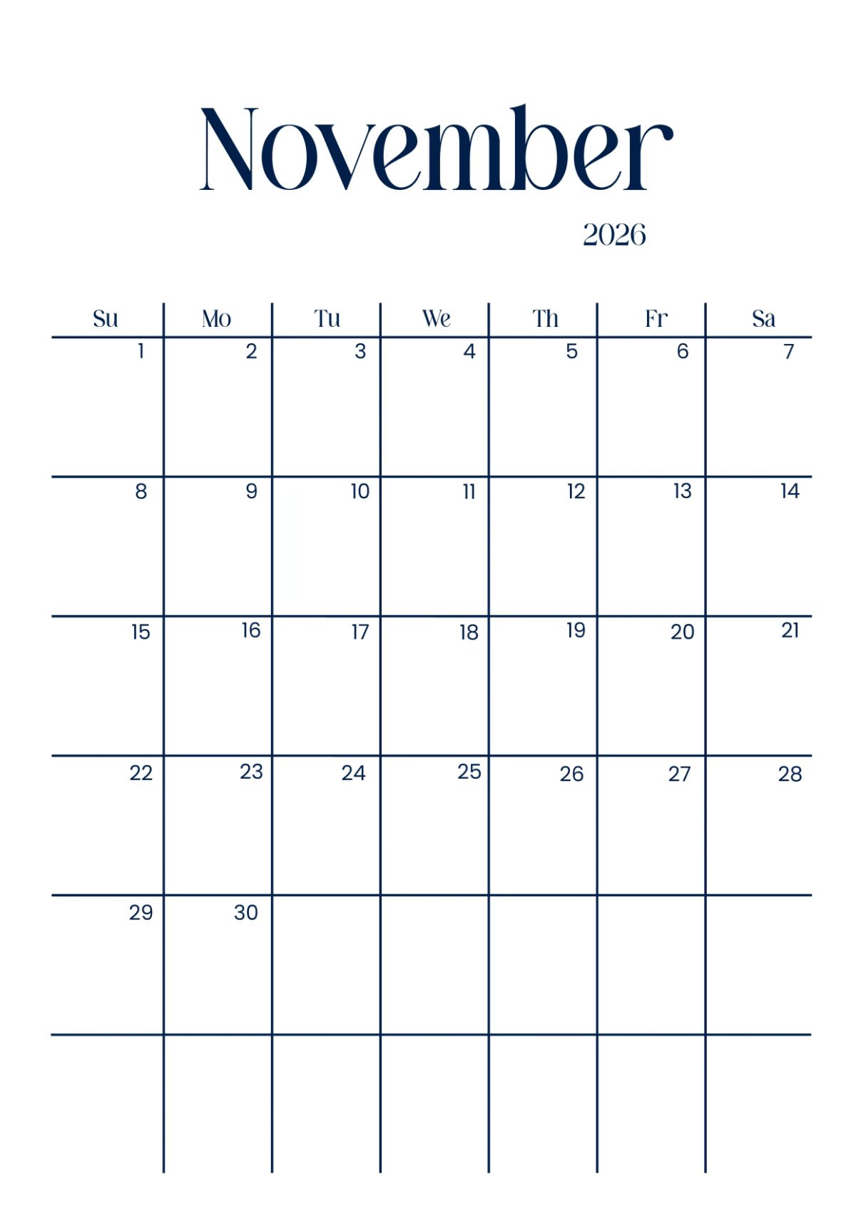 Vertical Printable November 2026 Calendar