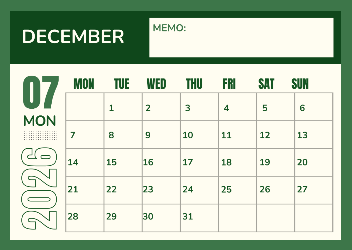 Printable Editable December 2026 Calendar