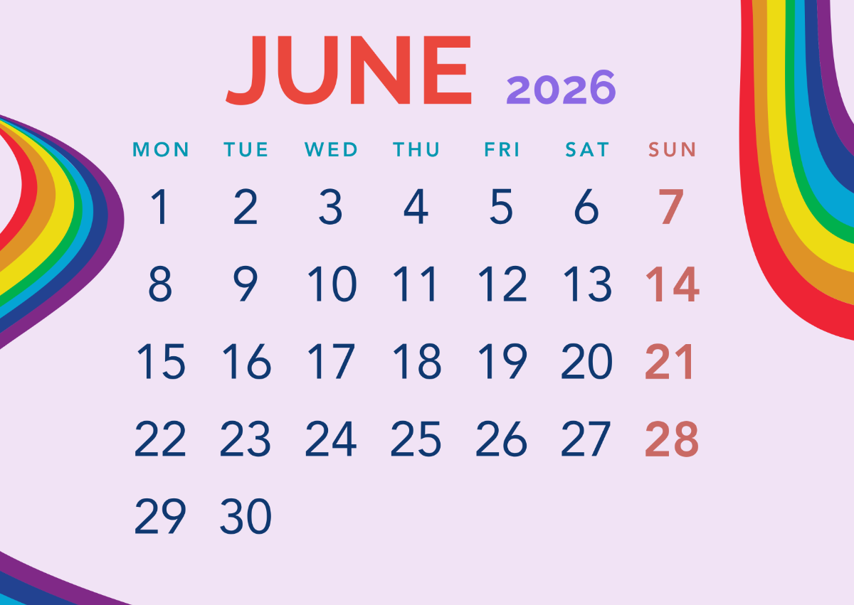 Free Monday Start June 2026 Calendar Template To Edit Online