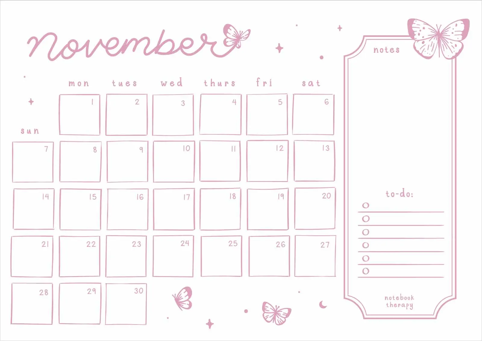 Free Monthly Calendar Printable NotebookTherapy