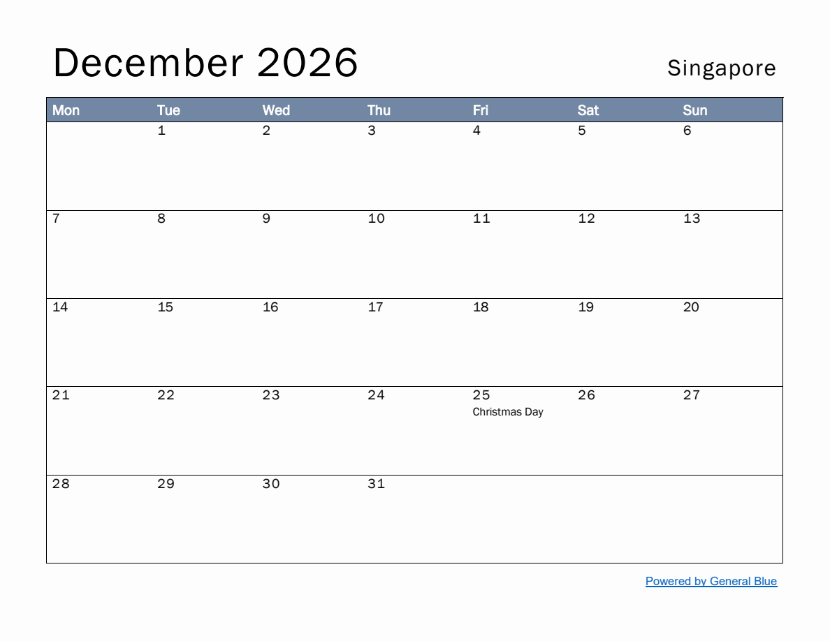 Printable Simple Calendar For December 2026
