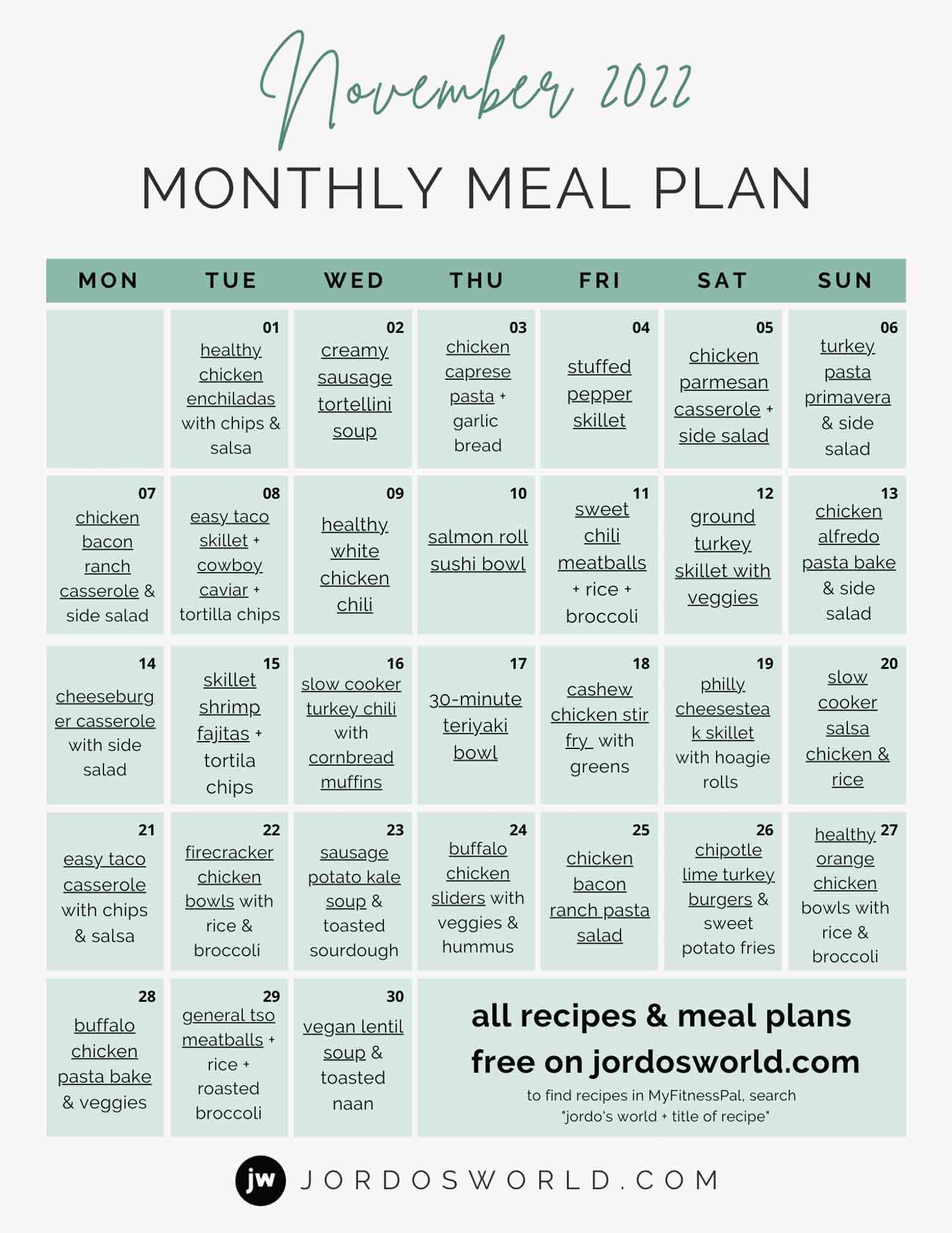 Free Monthly Meal Plan November Jordo s World
