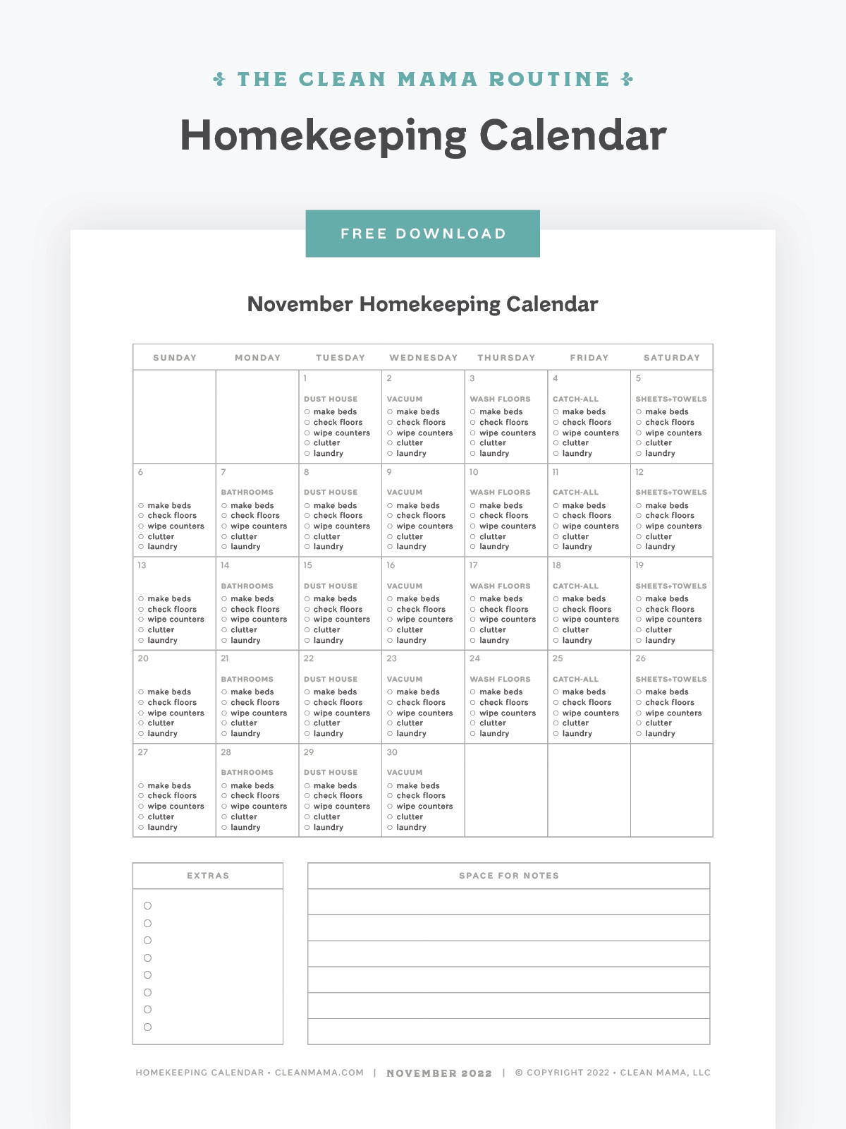 Free November 2022 Homekeeping Calendar Clean Mama