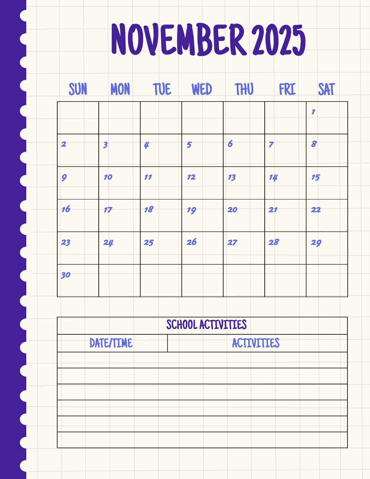November Classroom Calendar Printable