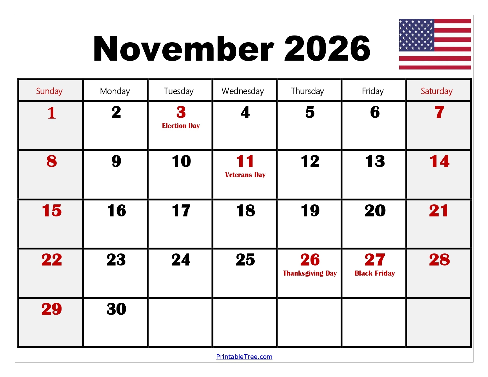 Weekly Calendar Printable November 2026