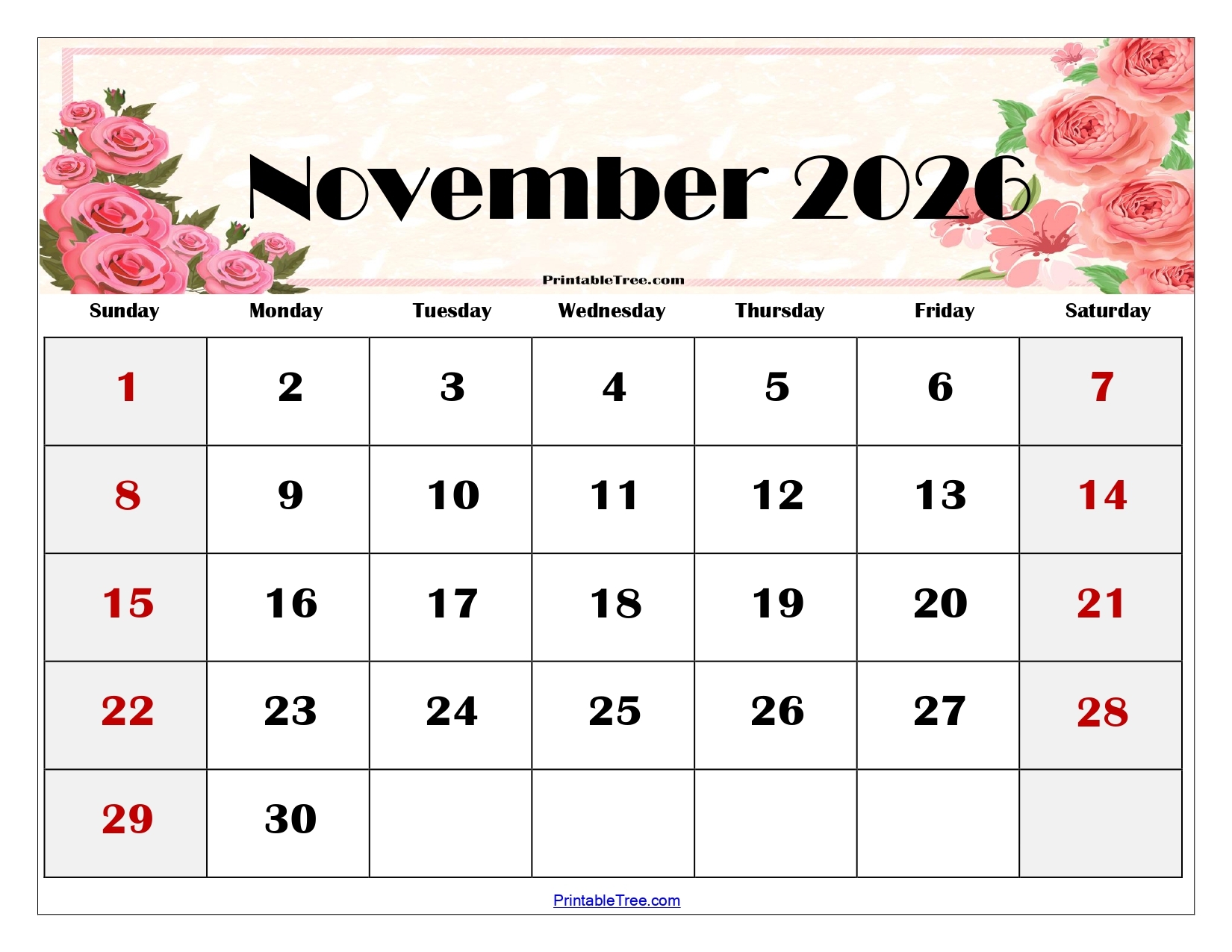 November 2026 Calendar Free Printable Pdf