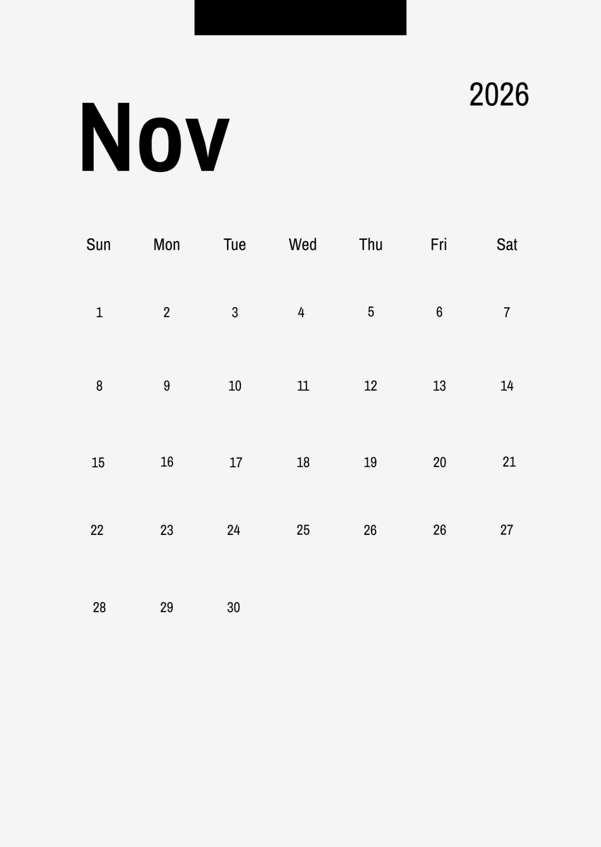 Free Printable Vertical November 2026 Calendar