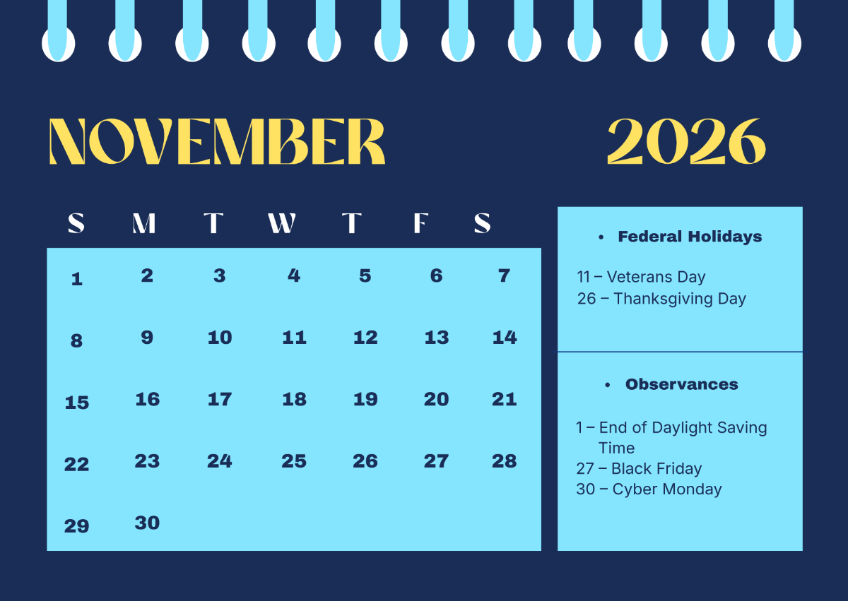 Free November 2026 Calendar With Federal Holidays Template To Edit 