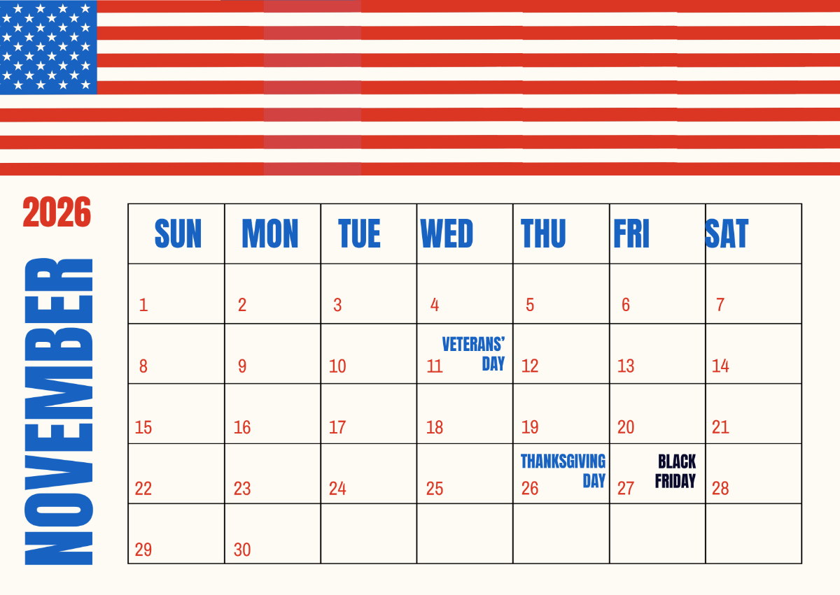 Calendar Template 2026 November Usa Printable