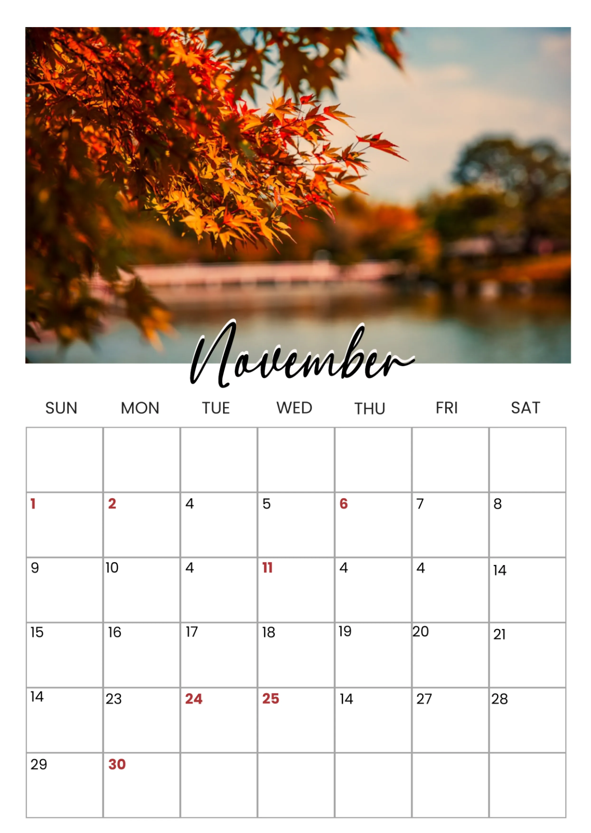 Daily Printable November 2026 Calendar