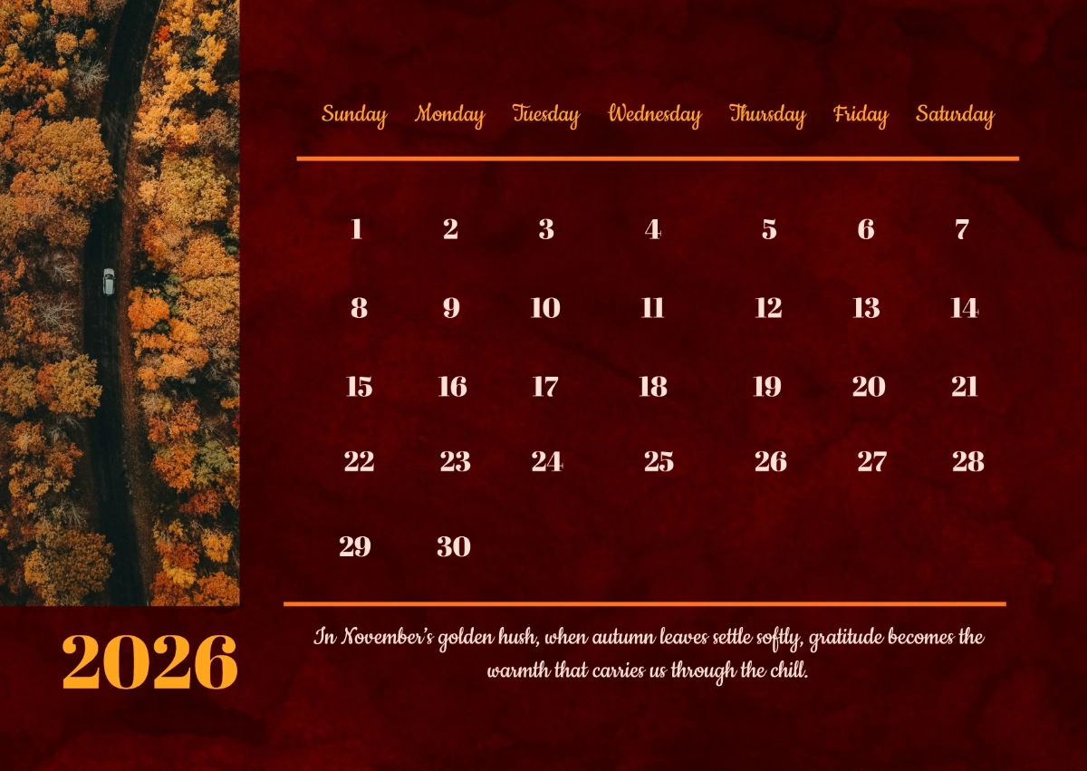 Free Printable Thankful Calendar November 2026