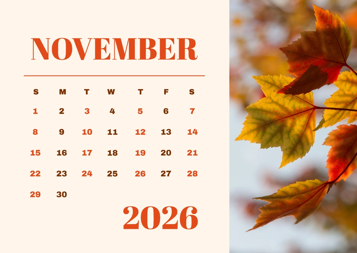 Free November 2026 Leaves Calendar Template To Edit Online