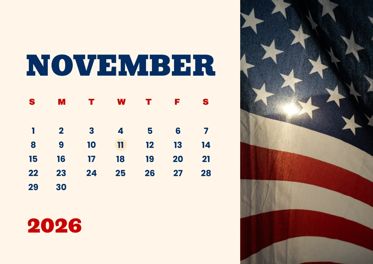 Free November 2026 Veterans Calendar Template To Edit Online