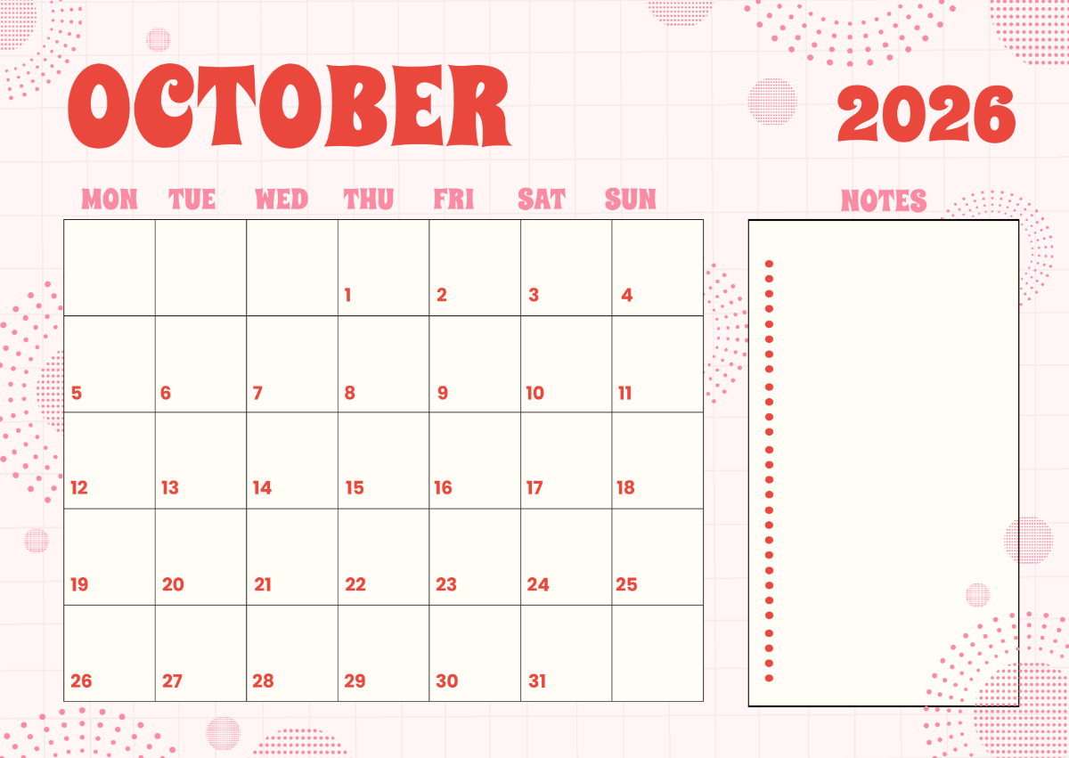 Free October 2026 Dot Grind Calendar Template To Edit Online