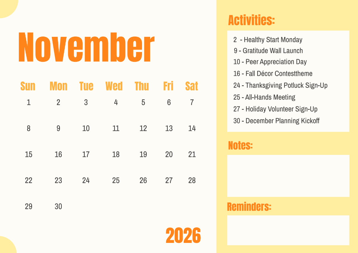 Free Office Activities November 2026 Calendar Template To Edit Online