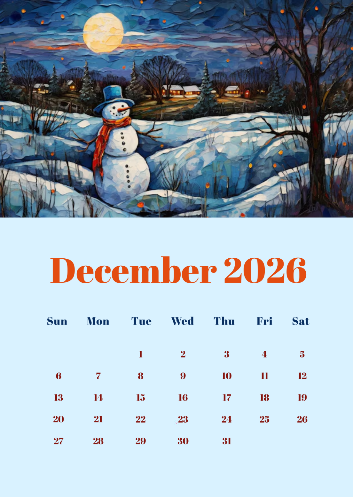 December 2026 Calendar With Snowman Printable