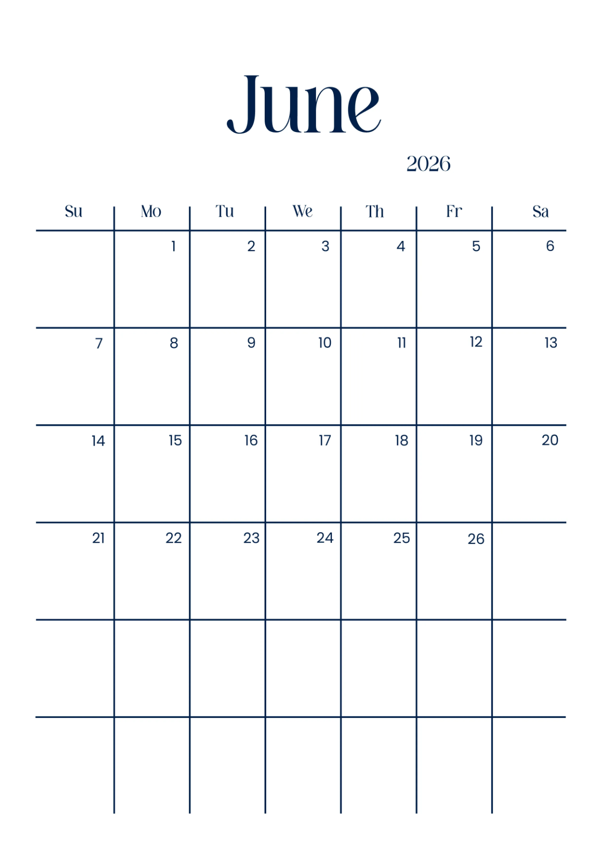 Free Portrait June 2026 Calendar Template To Edit Online