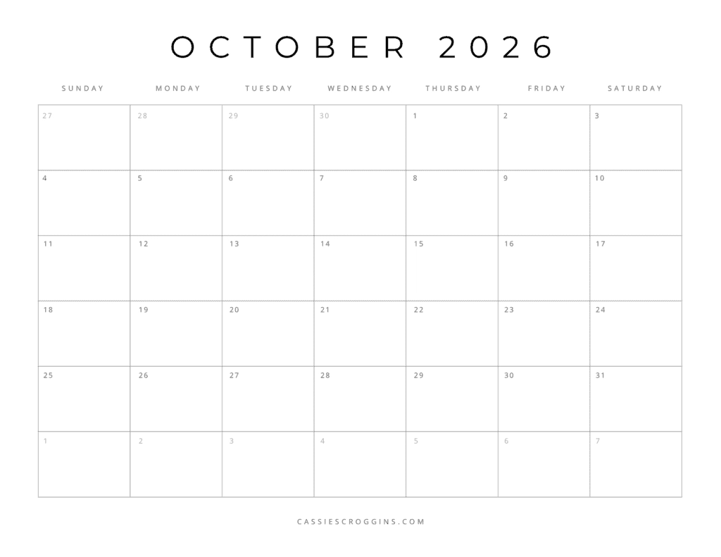 October Blank Calendar 2026 Printable