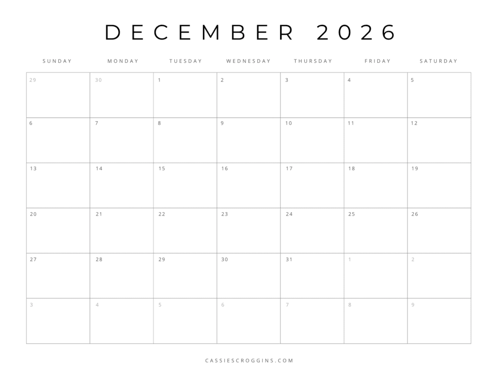 Free December 2026 Weekly Calendar Printable
