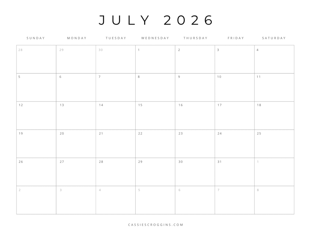 July Calendar Printable 2026 July Calendar Printable 2026
