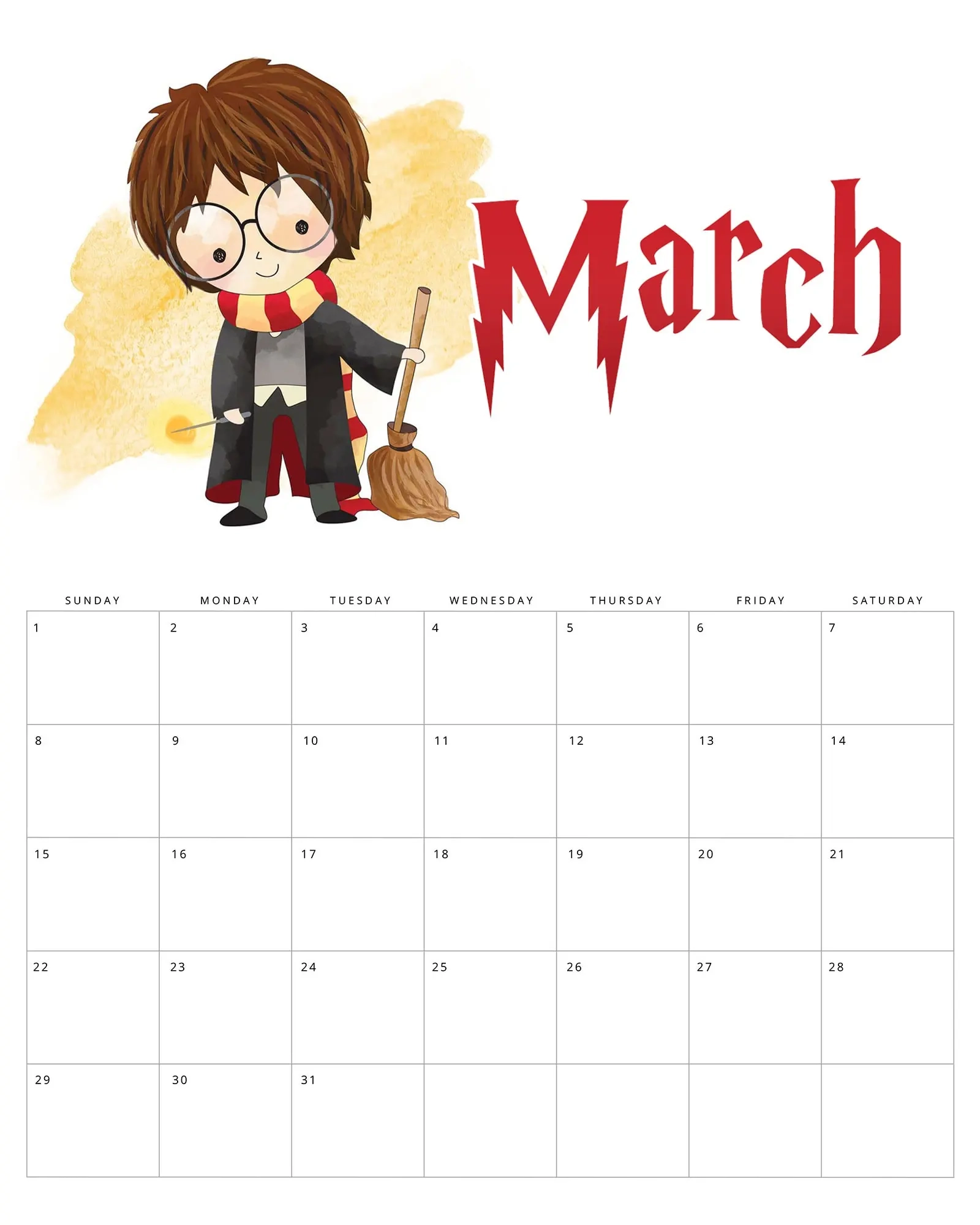 Free Printable 2026 Harry Potter Calendar The Cottage Market
