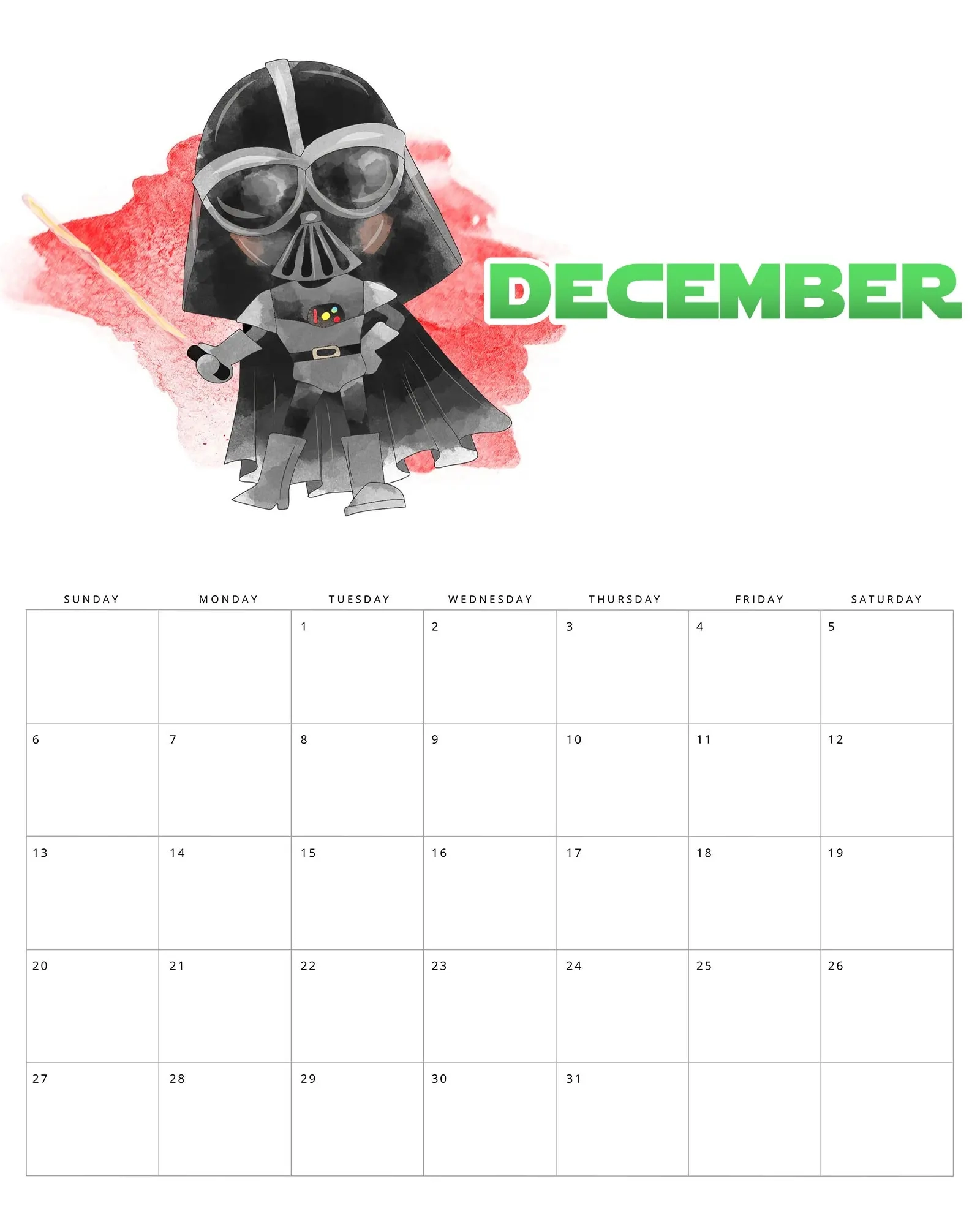 Free Printable 2026 Star Wars Calendar The Cottage Market