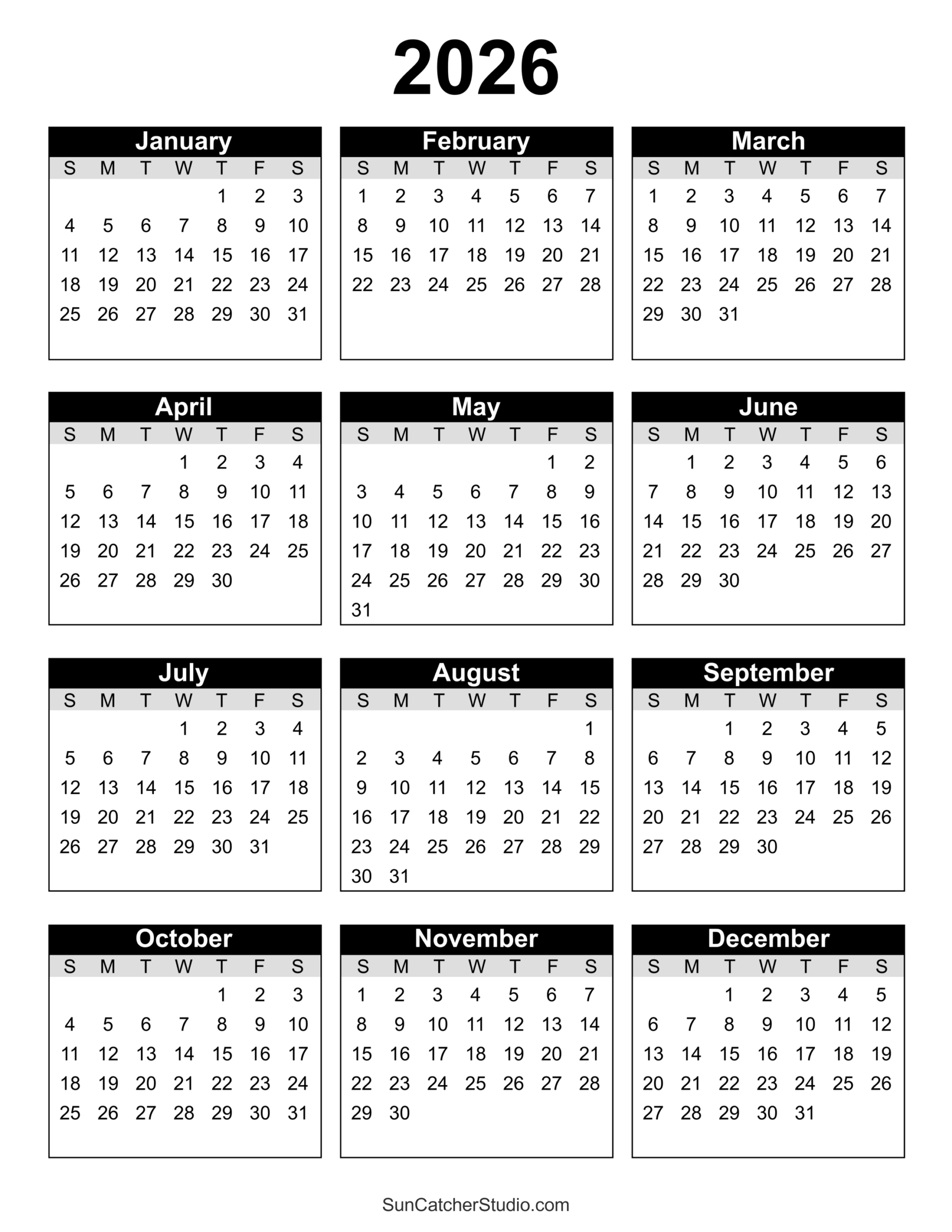 Free Printable 2026 Yearly Calendar Free Printables Lettering 
