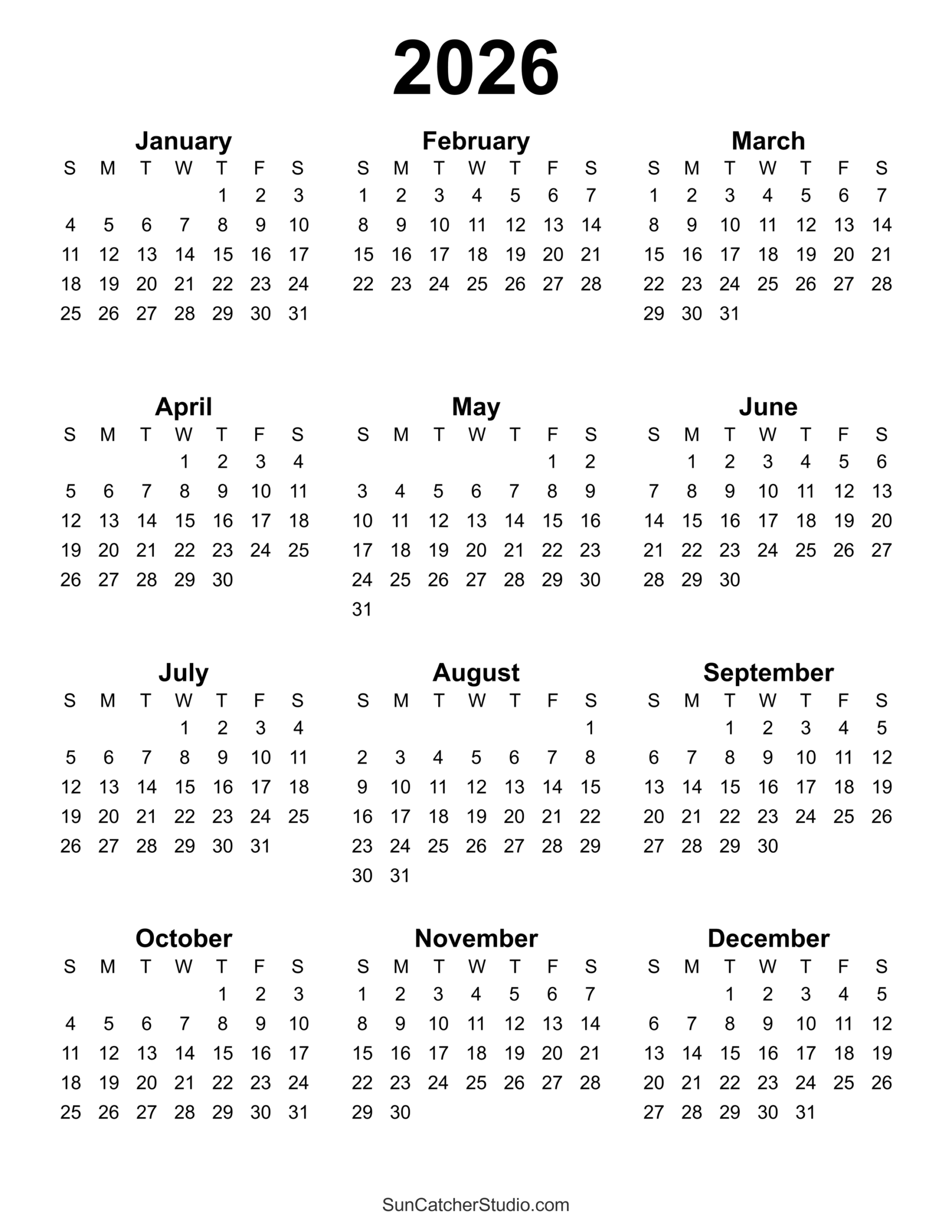 Free Printable 2026 Yearly Calendar Free Printables Lettering 