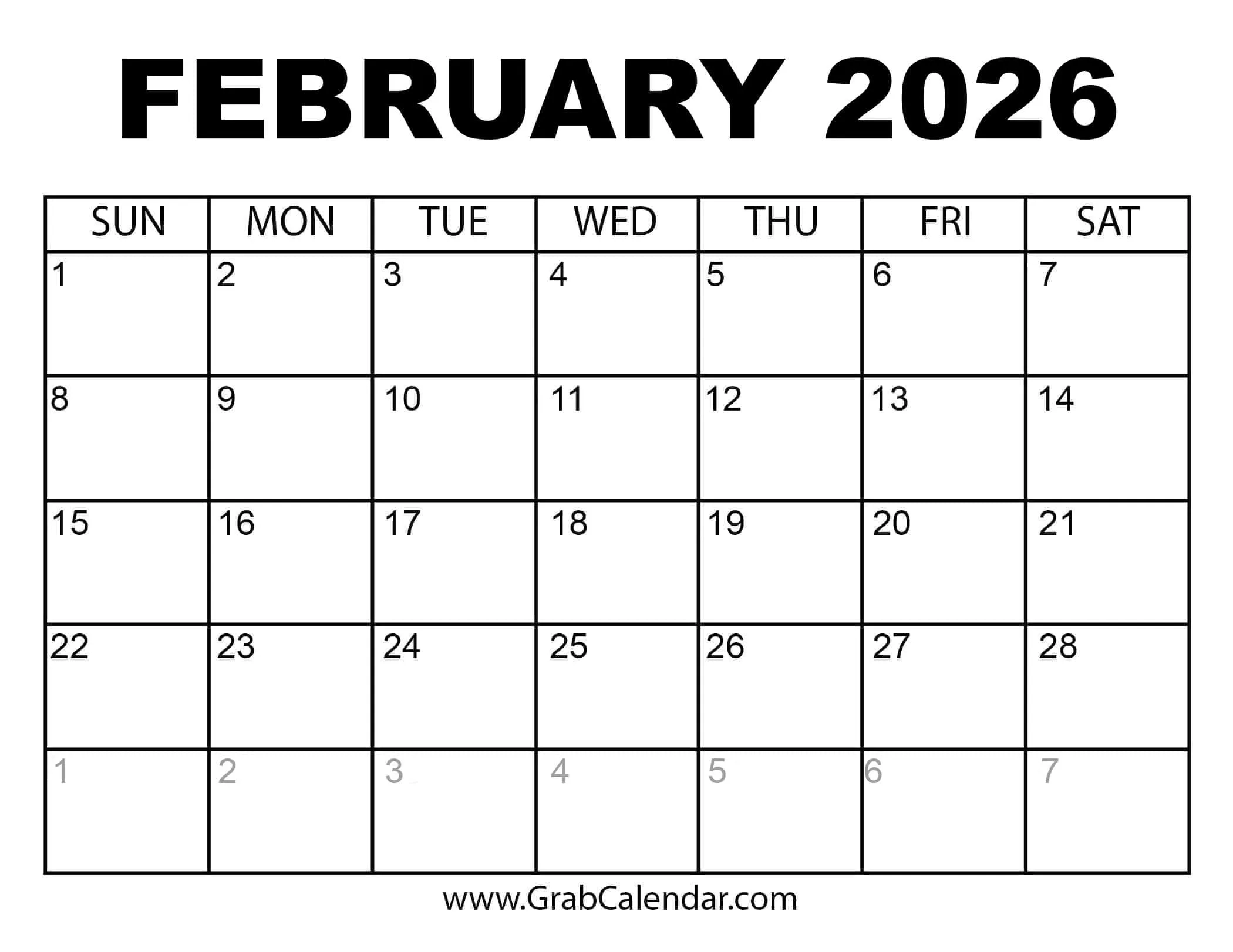 Free Printable Calendar 2026 Grab Calendar