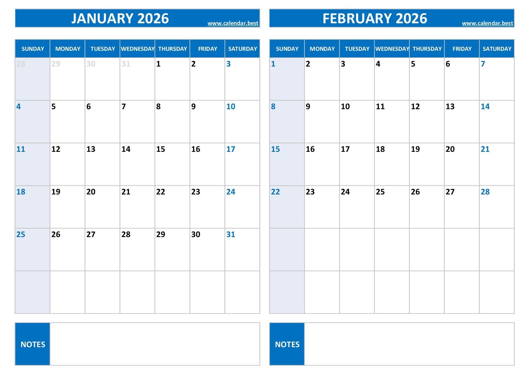 2026-2027 Calendar Blank Printable