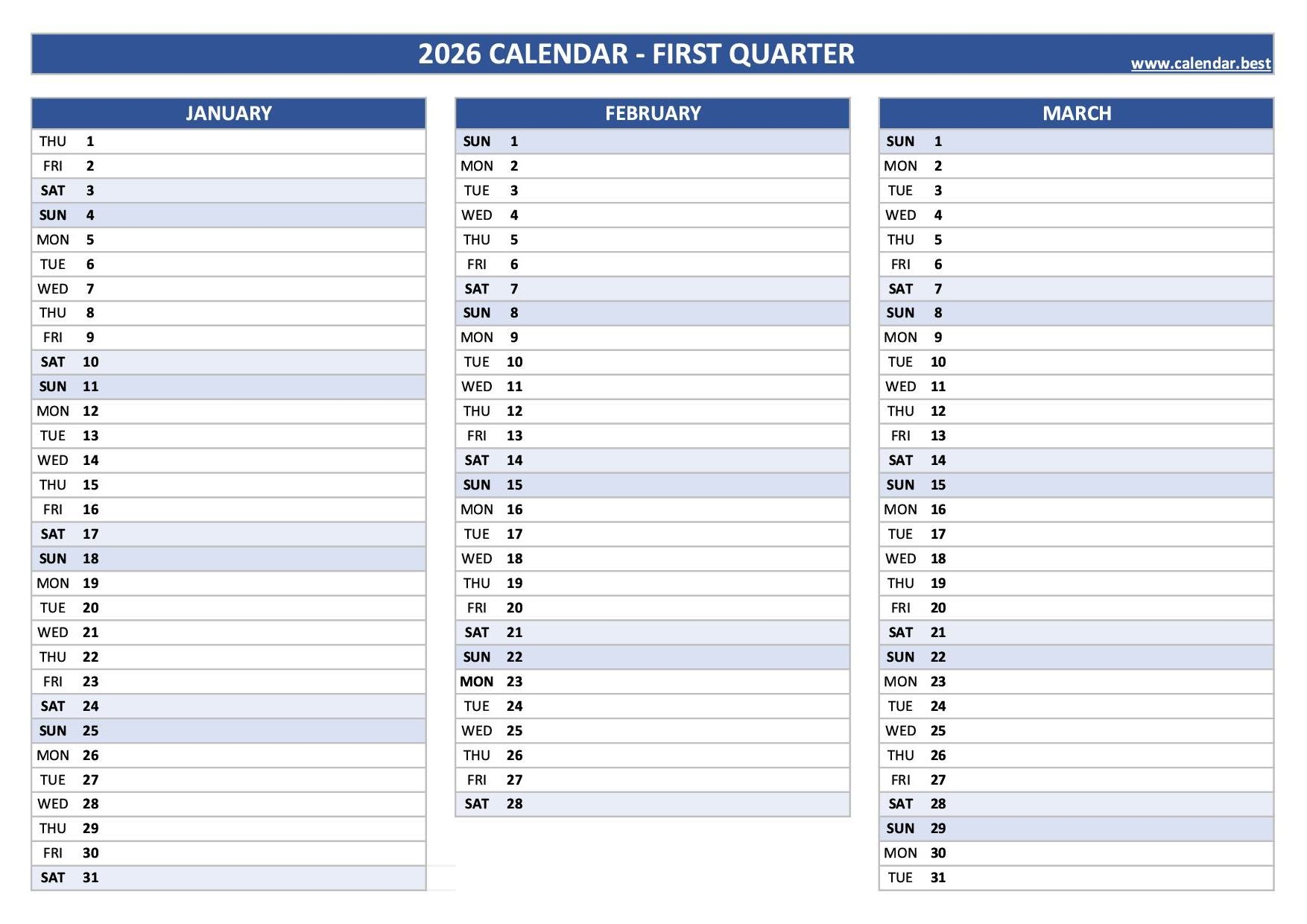 Blank Printable Calendar 2026 With Lines