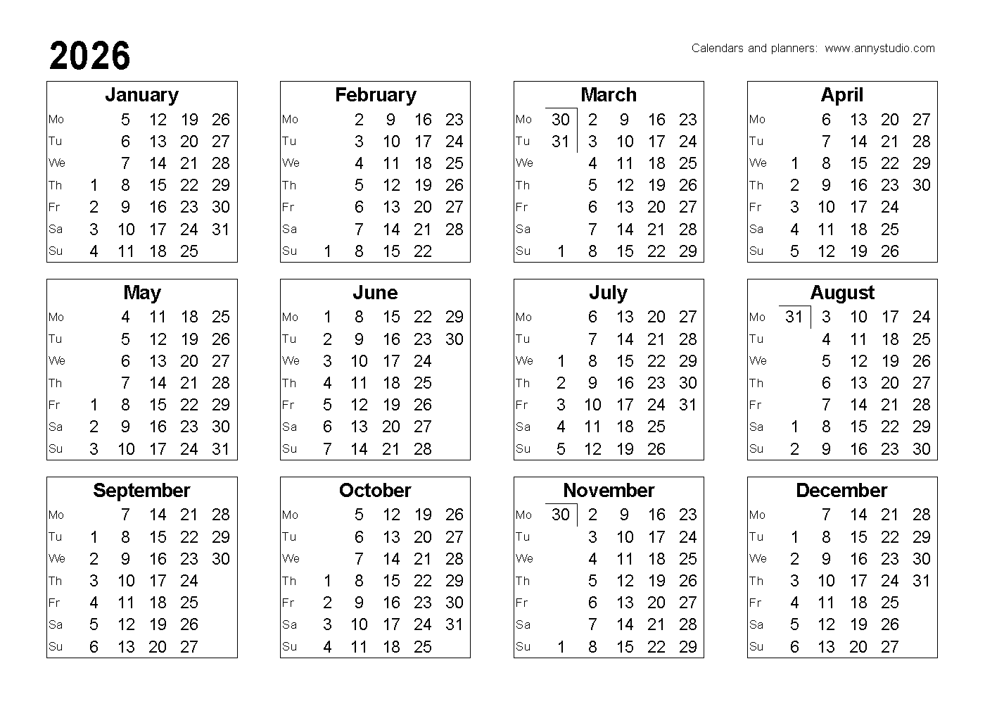 2026-27 Blank Calendar Printable