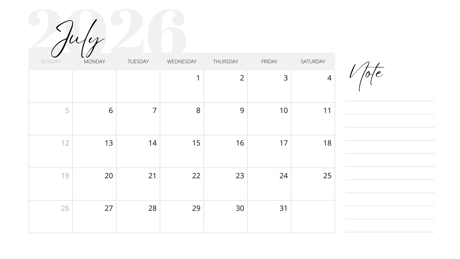 Calendar Month July 2026