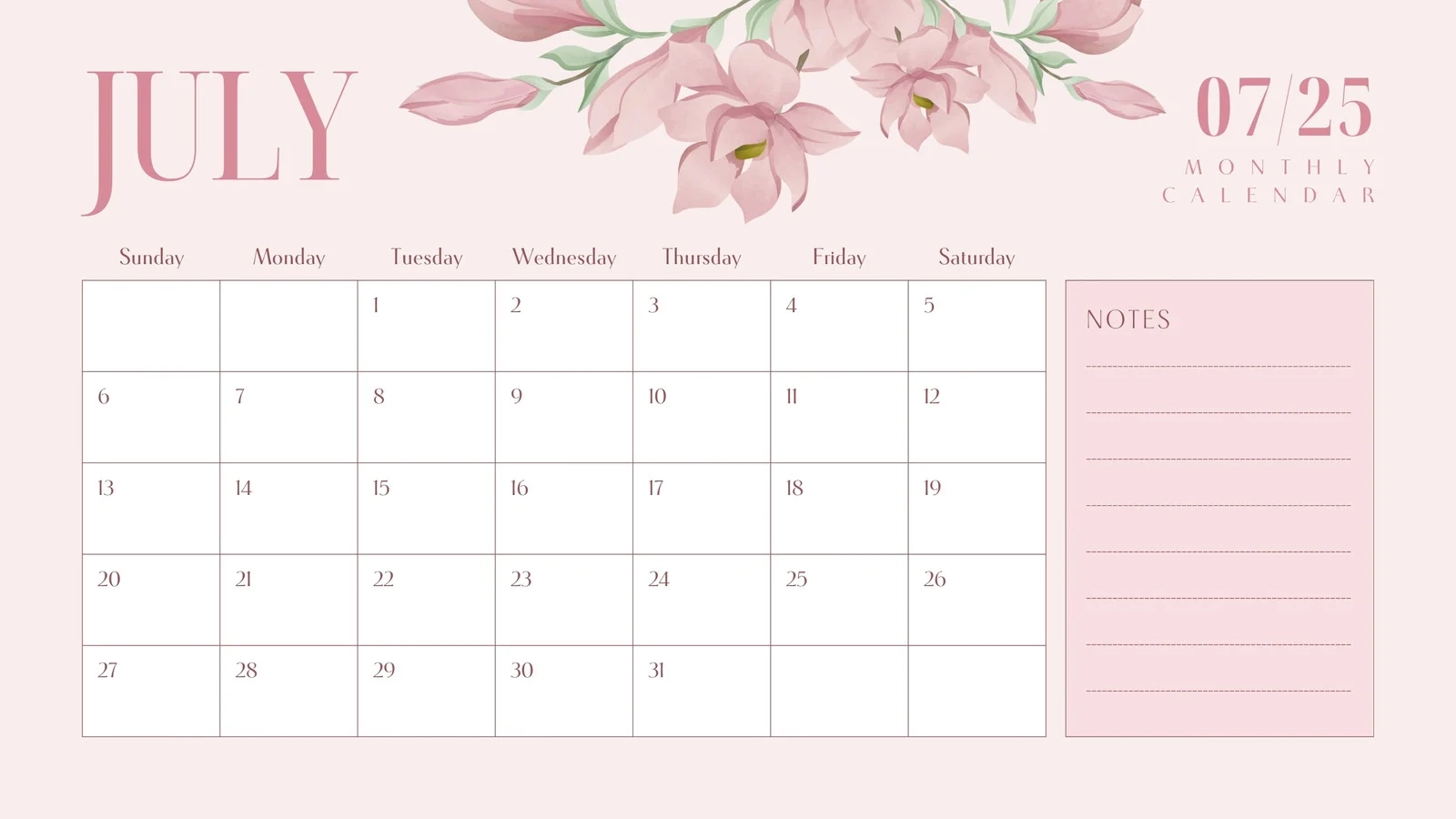 Free Printable Custom July 2026 Calendar Templates Canva